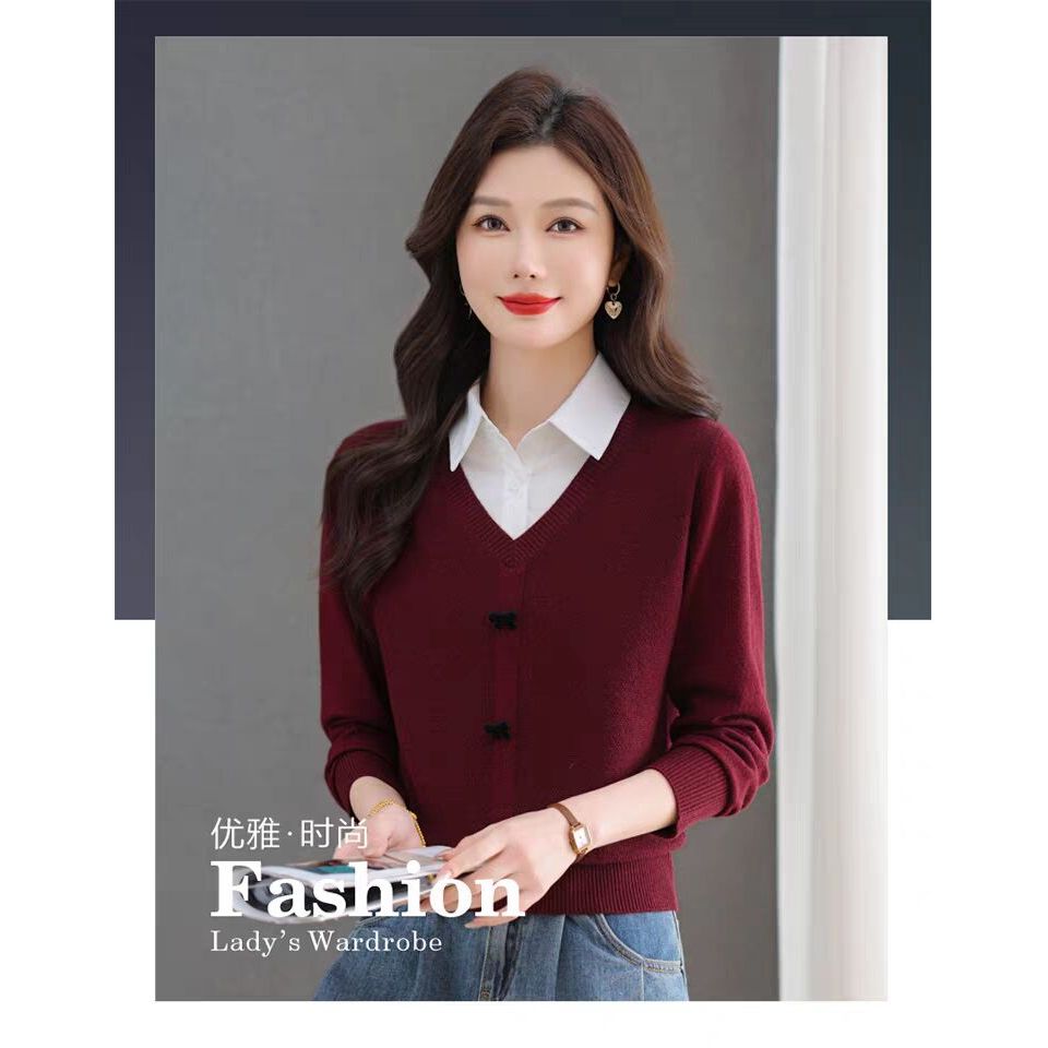 เสื้อยืดถักแขนยาวผู้หญิงเสื้อกันหนาวหลวมปลอมสองชิ้นเสื้อคอเกาหลีสําหรับการเดินทางที่เรียบง่ายเสื้อท็อป - รูปที่ 4