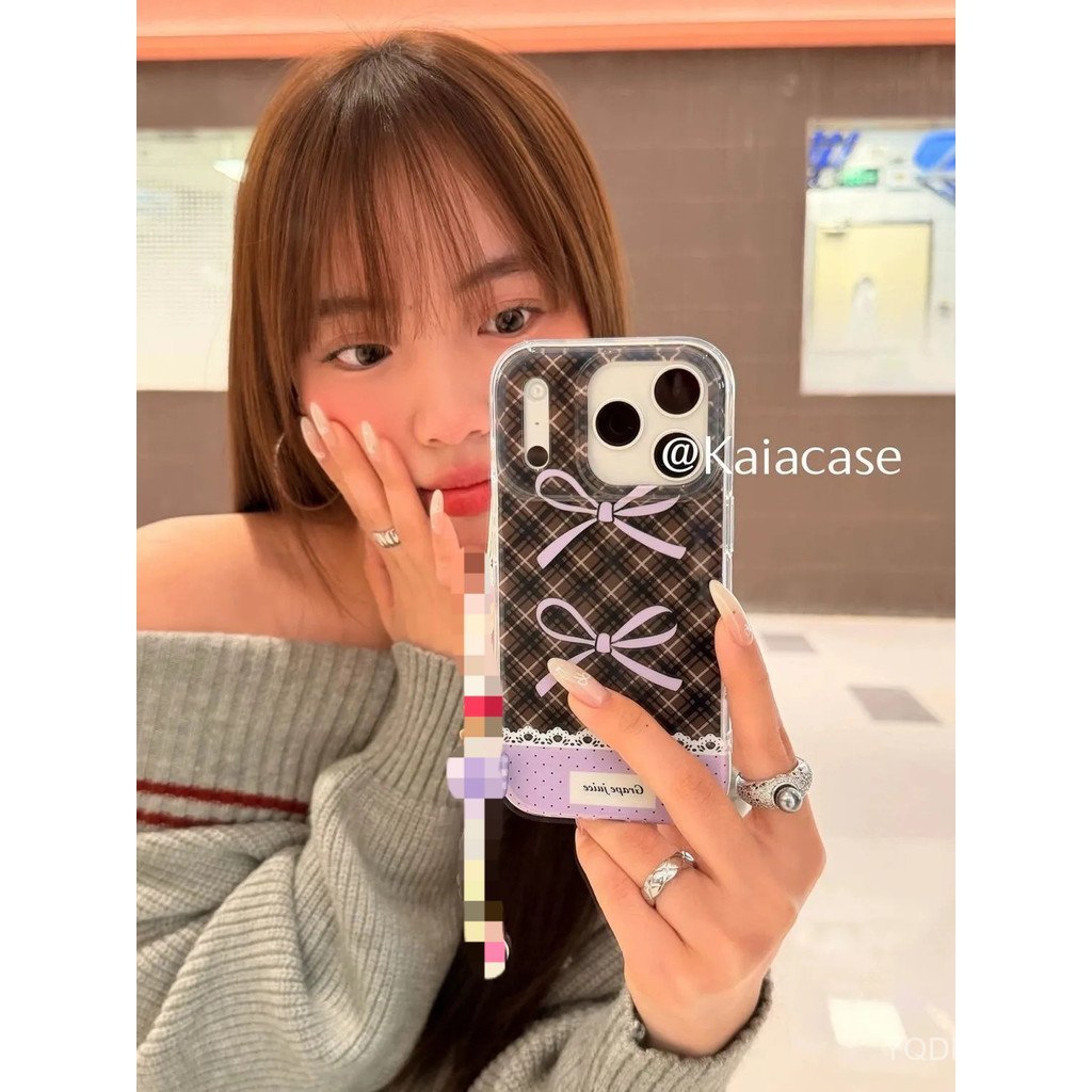 เคสโทรศัพท์ เหมาะสําหรับ iPhone 11 12 13 14 15 16 17 Pro max Plus Air สีม่วงสีดําลายสก๊อตลูกไม้โบว์ก