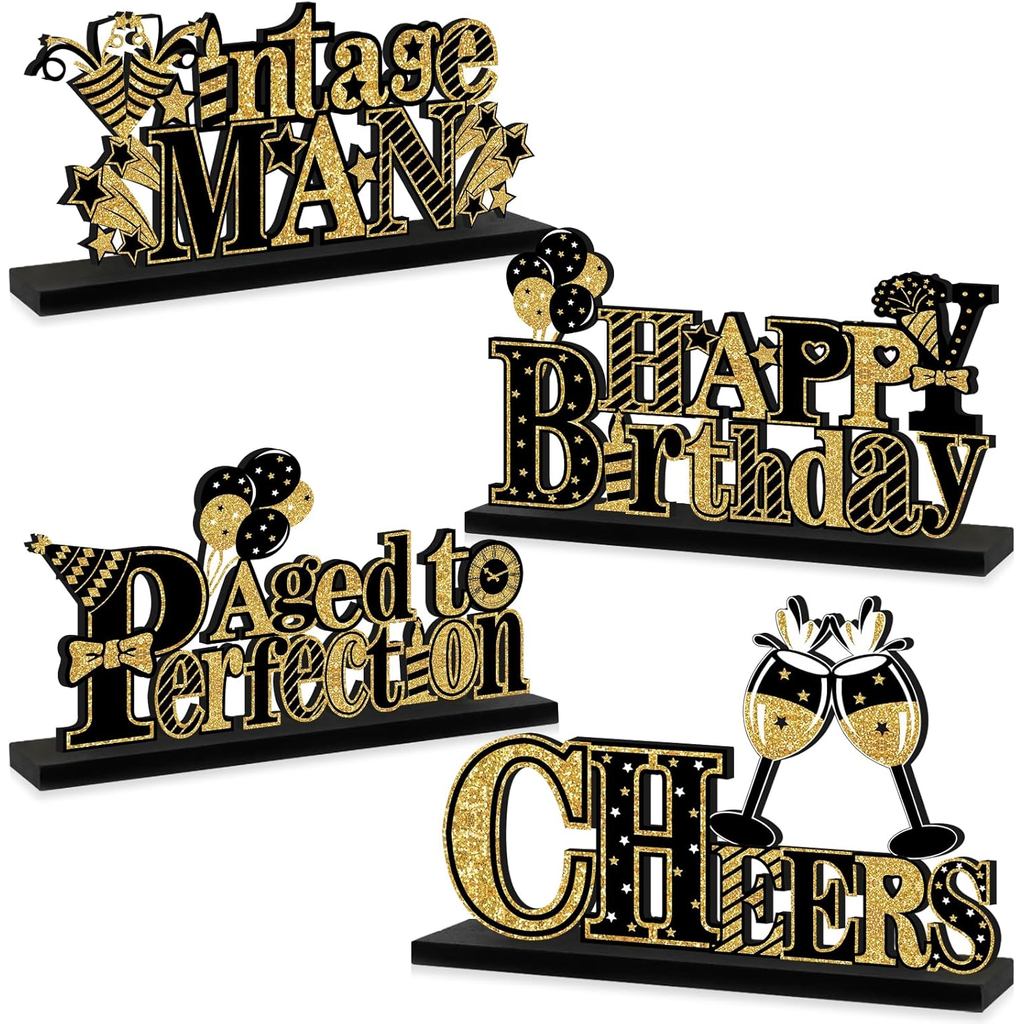 4 Pieces Vintage Men Happy Birthday Decorations Table Centerpieces for Adult, Black Gold Aged to Per