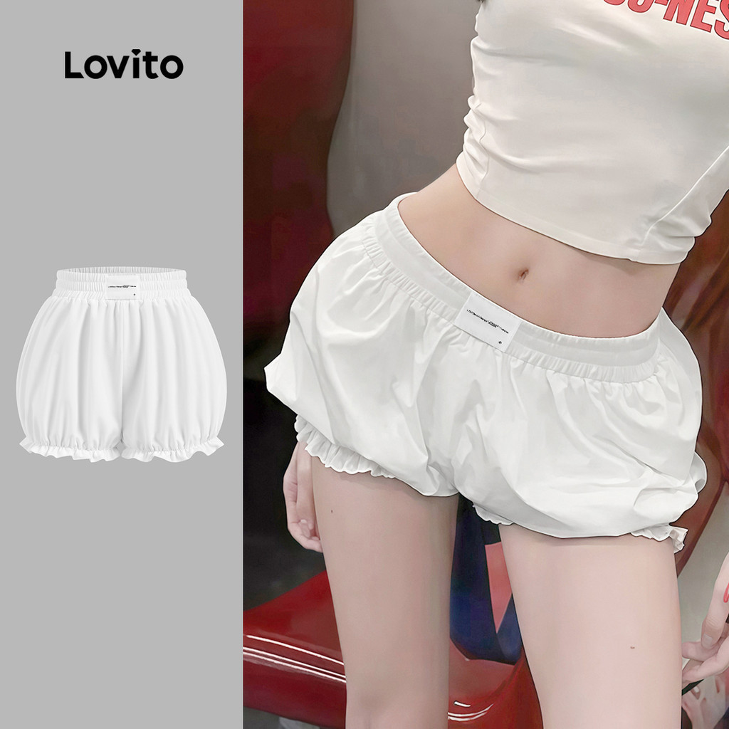 Lovito กางเกงขาสั้นลำลอง แต่งขอบสีพื้น กางเกงขาสั้นฤดูร้อน/ฤดูใบไม้ผลิสำหรับผู้หญิง L130AD174