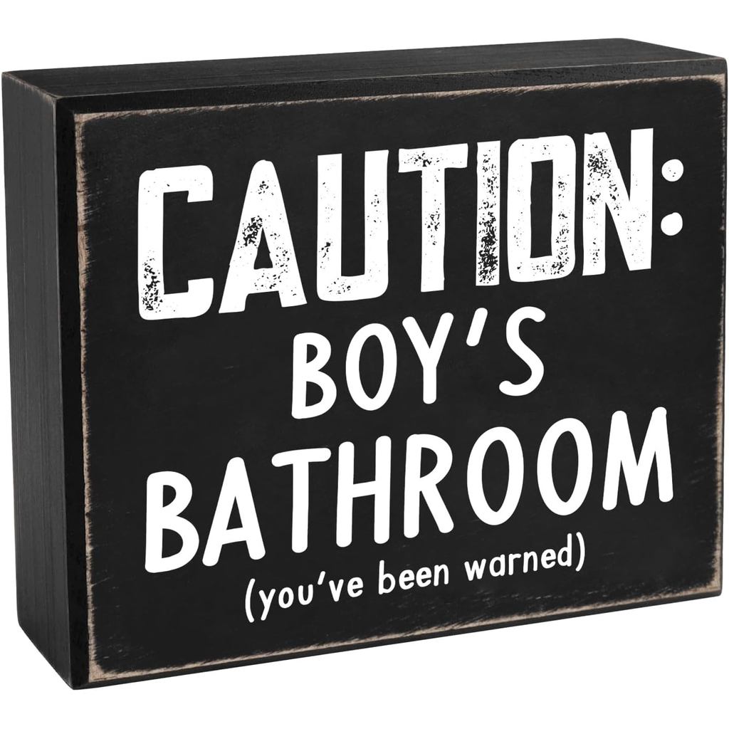 Pigort Kids Bathroom Sign for Boys Bathroom Decor - Caution Kids Bathroom Sign for Boy Bathroom Deco
