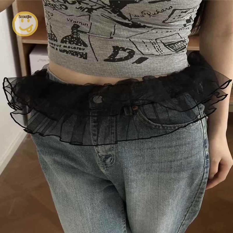 ScoutJie ใหม่ตาข่ายลูกไม้กระโปรง Ruffles Y2K Streetwear Ruched กระโปรง Harajuku ดูผ่านเอวจีบกระโปรงก