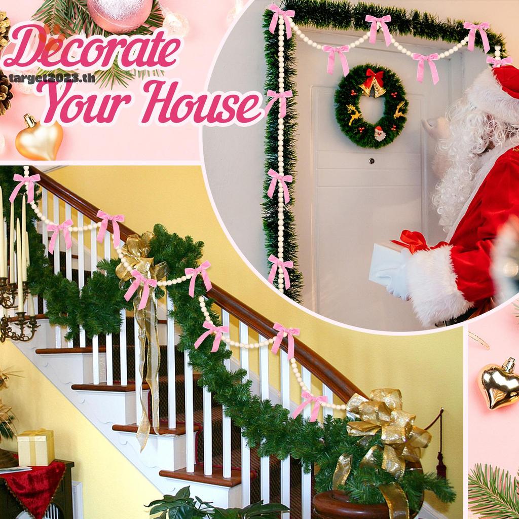 🎄วันคริสต์มาส✨[ARG] 9.8Ft Christmas Tree Bow Pearl Garland 16 Pink Bow & 150 White Pearl Christmas T