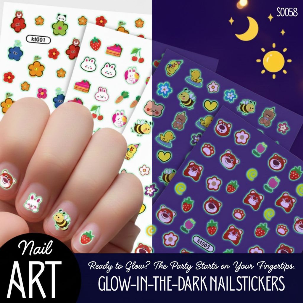 สติกเกอร์ติดเล็บ เรืองแสง S0058 (Glow in the Dark Nail Stickers) ลายการ์ตูน สัตว์ สำหรับเด็ก