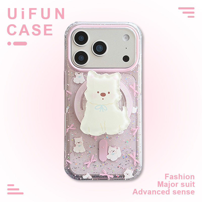 การ์ตูน Bowknot Dog Kickstand Glitter โทรศัพท์มือถือกรณีสําหรับ iPhone 17 16 15 14 13 Pro Max iPhone17 ฝุ่น Hard IMD ไร้สายชาร์จมือถือปลอก