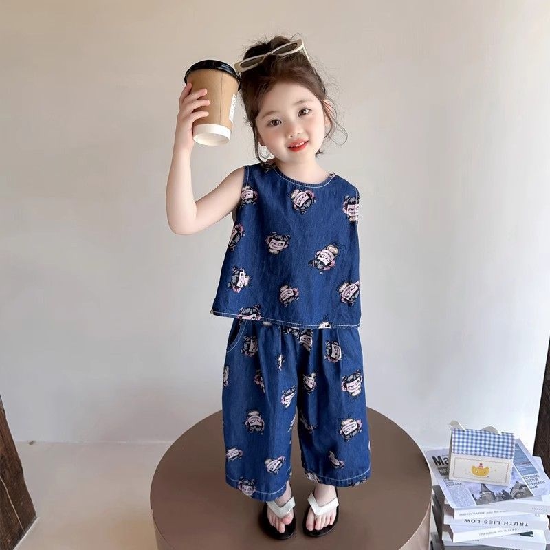 Nezha ชุด Nezha เสื้อผ้า Nezha เสื้อผ้าเด็กสาว Denim ชุดฤดูร้อน 2025 แฟชั่นแฟชั่นสาวฤดูร้อนเสื้อผ้า 