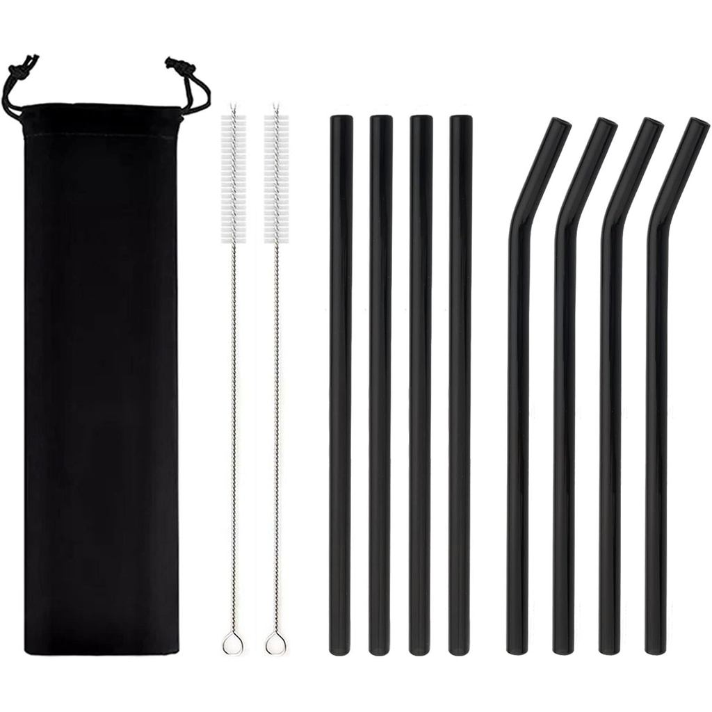 จาชิ 8ชิ้นหลอดแก้วสีดํา,นํามาใช้ใหม่คริสตัลหลอดดื่มแก้วที่มีสีสันป่นปี้ทนด้วย2แปรงทําความสะอาดสําหรั