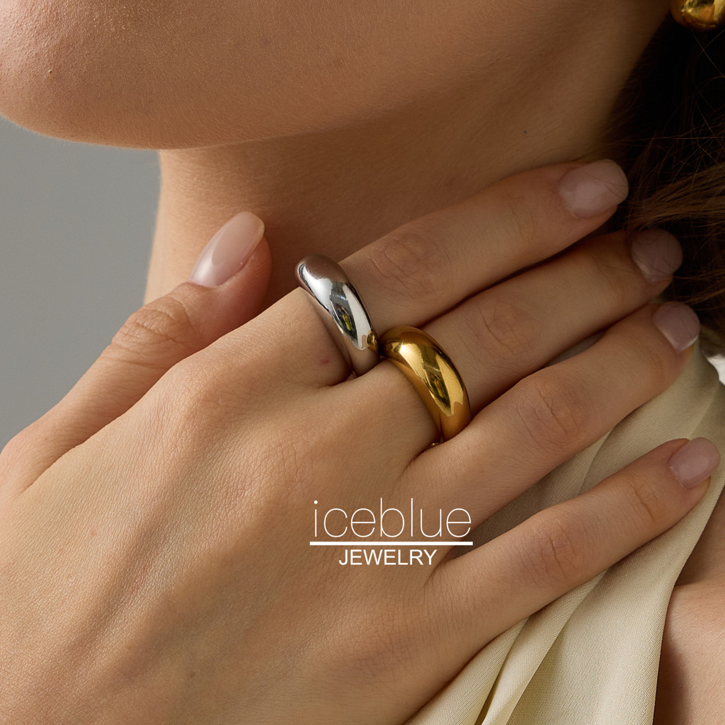Iceblue-14K Gold Plated Minimalist รอบ Arc Gold แหวนผู้หญิงกันน้ํา Non Tarnish เครื่องประดับสแตนเลสไทเทเนียม Elegant แหวนผู้หญิงผู้ชาย R54 ของขวัญ
