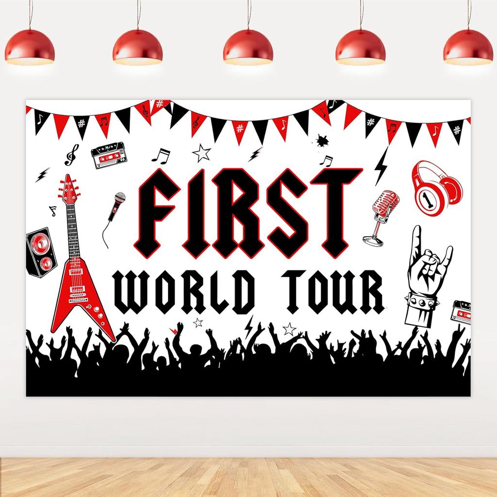 หิน 1st วันเกิดตกแต่งสีแดงสีดํา First World Tour วันเกิดฉากหลังแบนเนอร์ตกแต่ง Rock และ Roll Bday แบน