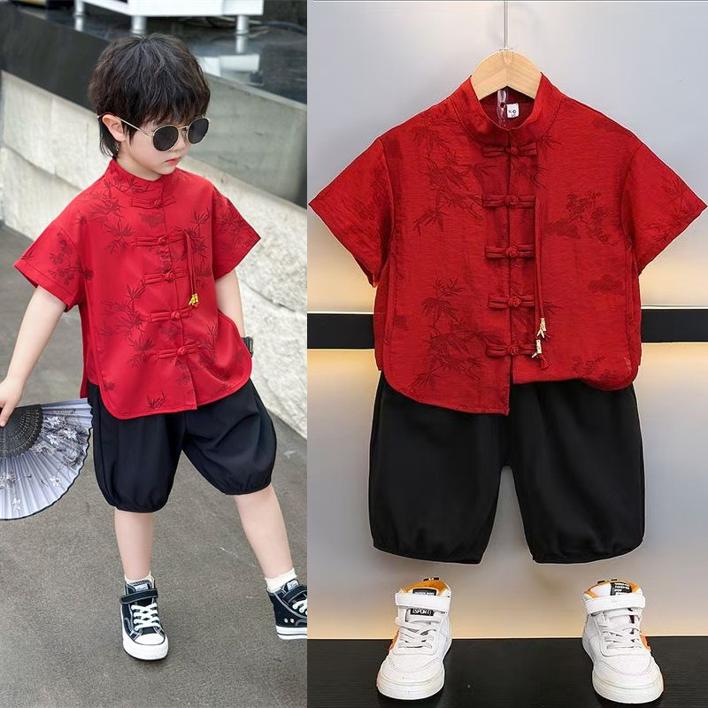 2 ชิ้น/ชุด ชุดHanfuแบบดั้งเดิมสำหรับเด็กผู้ชายปี2026 เสื้อแขนสั้นและชุดสไตล์เรโตร