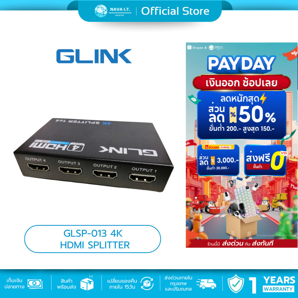 🛵มีส่งด่วน💨  (951) GLINK GLSP-013 4K HDMI SPLITTER GLINK 1:4 PORT FULLHD 1080P รับประกัน 1ปี