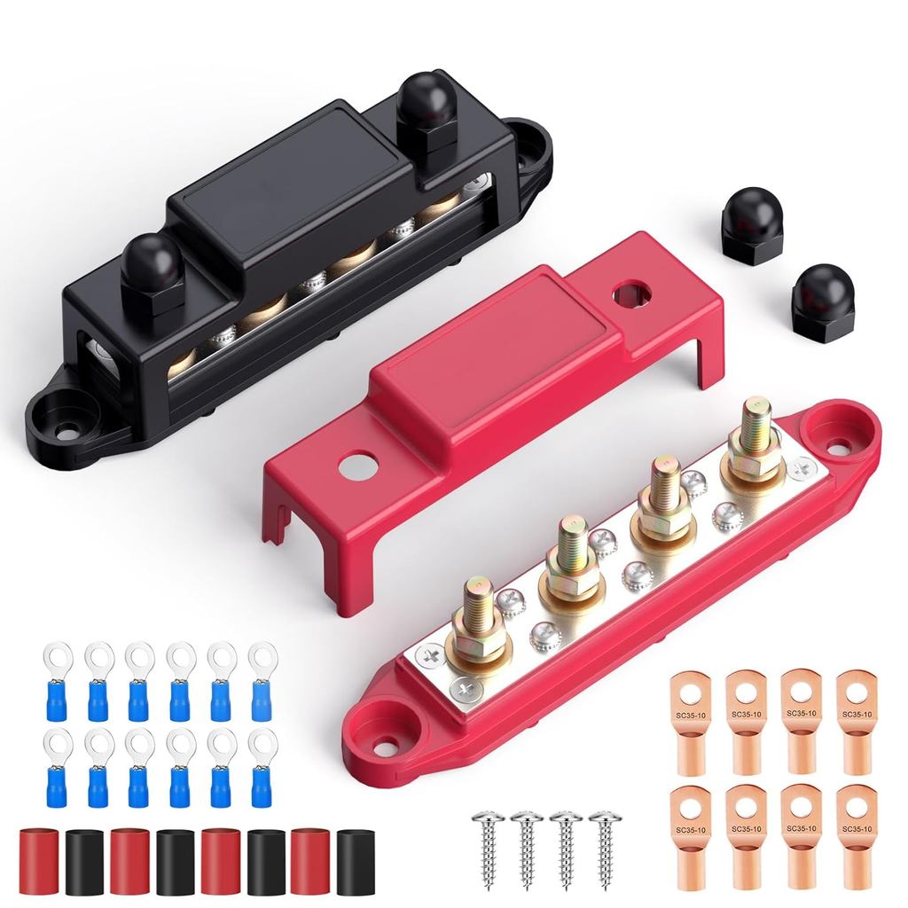 Bus Bar 4 x 5/16" Power Distribution Block 48V 250A พร้อม Copper Lug, 4 x 5/16" โพสต์ 6 x #8 สกรูบาร