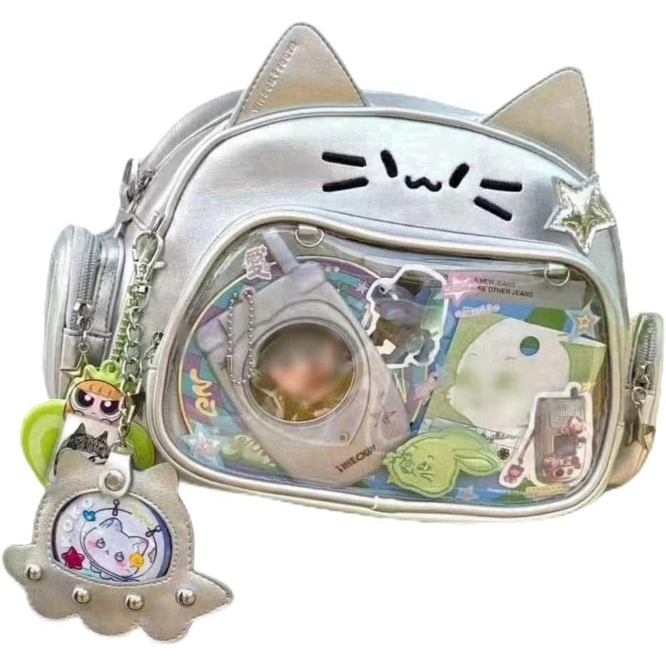 Cat Ita Bag Pin Display Backpack for School PU Leather Preppy Backpack for Girls Y2k Aesthetic Singl
