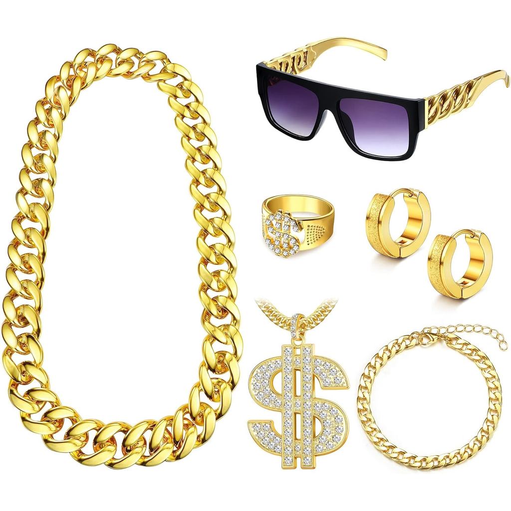 Subiceto 6Pcs 80s 90s Hip Hop Costumes Outfit Fake Chain Money Punk Sunglasses Dollar Sign Finger Ri