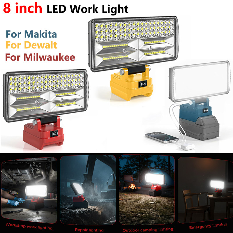 8 "ไร้สายไฟ LED ทํางานสําหรับ Makita/Dewalt/Milaukee 18V Li-ion แบตเตอรี่ไฟฉาย LED พร้อม Dual USB สําหรับทํางาน Camping กลางแจ้ง