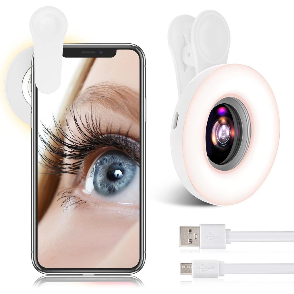15X Macro Lens with LED Ring Light for iPhone & Android - Rechargeable Portable Clip-On Lens for Sma