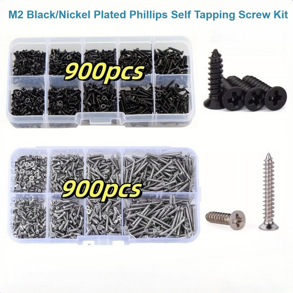 [XM-MB] 900 ชิ้น M2 Black/Nickel Plated Phillips Self Tapping Screw Kit, ชุดล็อคและสกรูไม้, คุณภาพสูง, ป้องกันการคลาย, ทนทาน, อเนกประสงค์