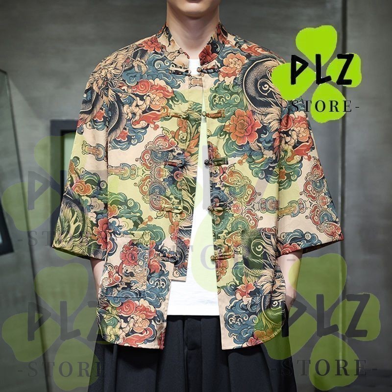 T Tang Suit พิมพ์เสื้อ Cropped Ice Silk Short Sleeve Mens T-Shirt Buttons Style Muqiang เสื้อเชิ้ตผู