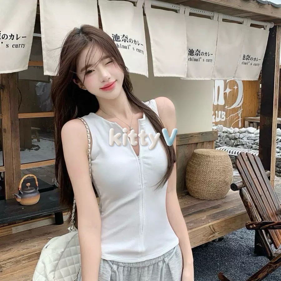 kitty 'พร้อมส่ง' FY66042 เสื้อกล้ามสีพื้น เสื้อกล้ามคอกลม ดีเทลซิปด้านหน้าสีพื้น เสริมฟองน้ำในตัว