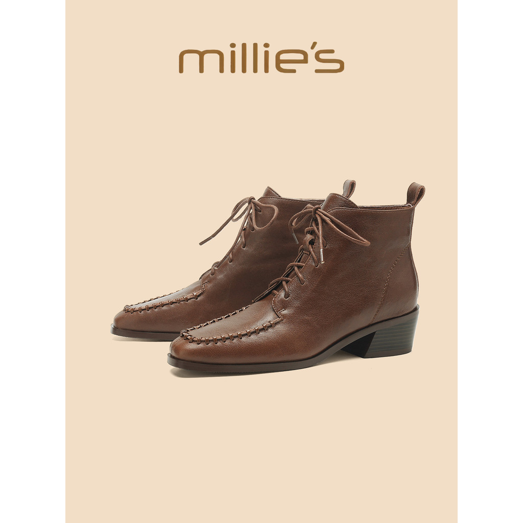 Millies Miaoli รองเท้าผู้หญิงส้นกลาง หนังแท้ Frosted Retro Square Toe สไตล์อังกฤษ ปี 2025