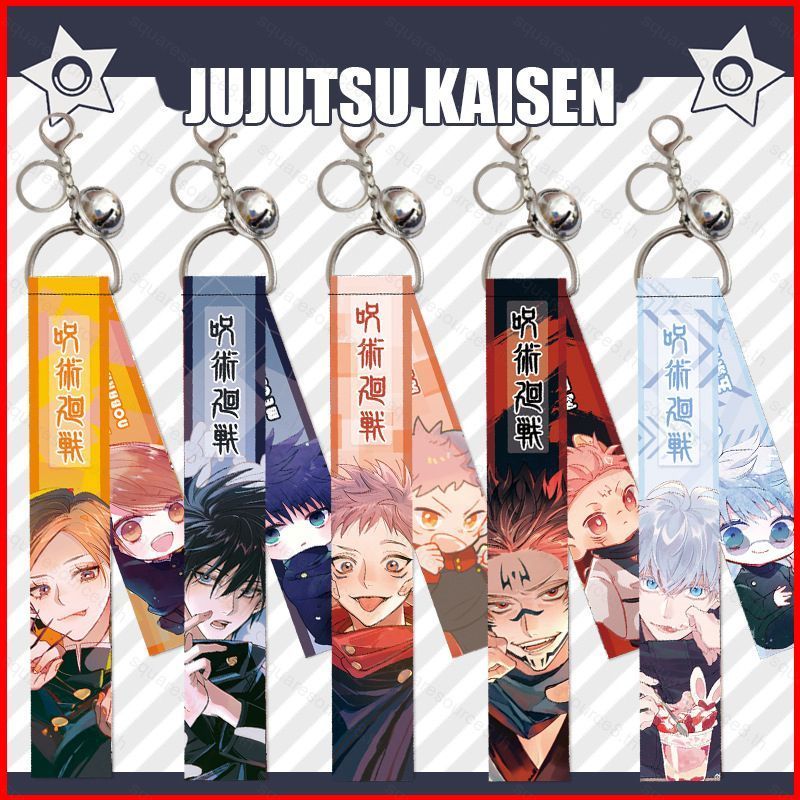JUJUTSU KAISEN พวงกุญแจริบบิ้น Bells อะนิเมะพวงกุญแจกระเป๋า Sandant Yuji Gojo Satoru พวงกุญแจสองด้าน