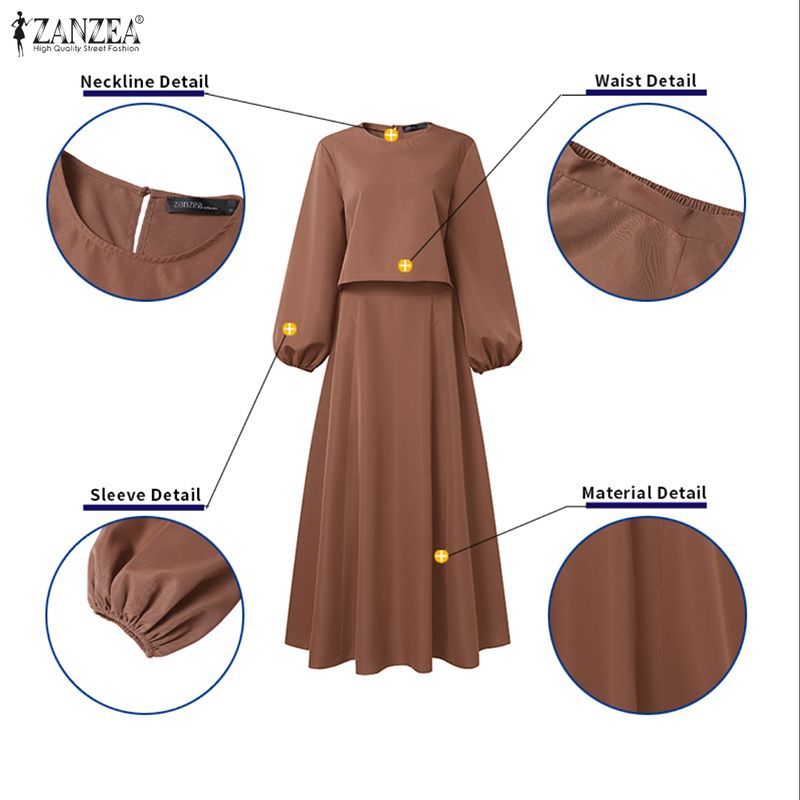 ZANZEA สตรีมุสลิมหรูหราลูกเรือคอโคมไฟแขนตัดเอวสูง A-Line ชุดสองชิ้น - รูปที่ 5