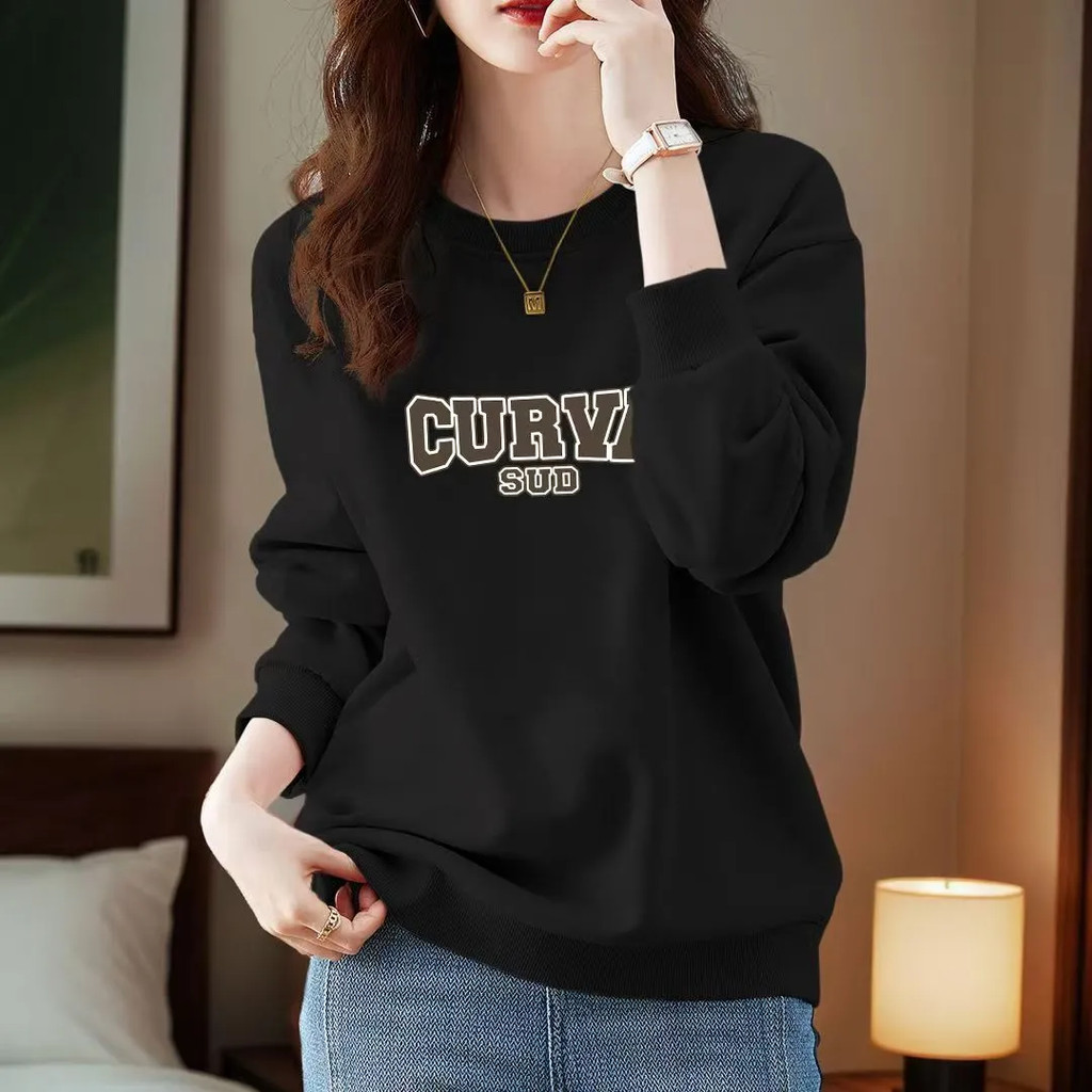 เสื้อยืดแขนยาวผู้หญิงฤดูใบไม้ร่วงใหม่ผ้าฝ้ายแท้รอบคอเสื้อแขนยาว สูงสุด