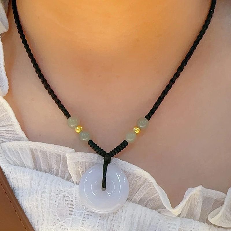 Classy/Myanmar หยกสีขาวปลอดภัยสร้อยคอหัวเข็มขัดใหม่สไตล์จีน Transfer ลูกปัด Lanolin Braided Clavicle