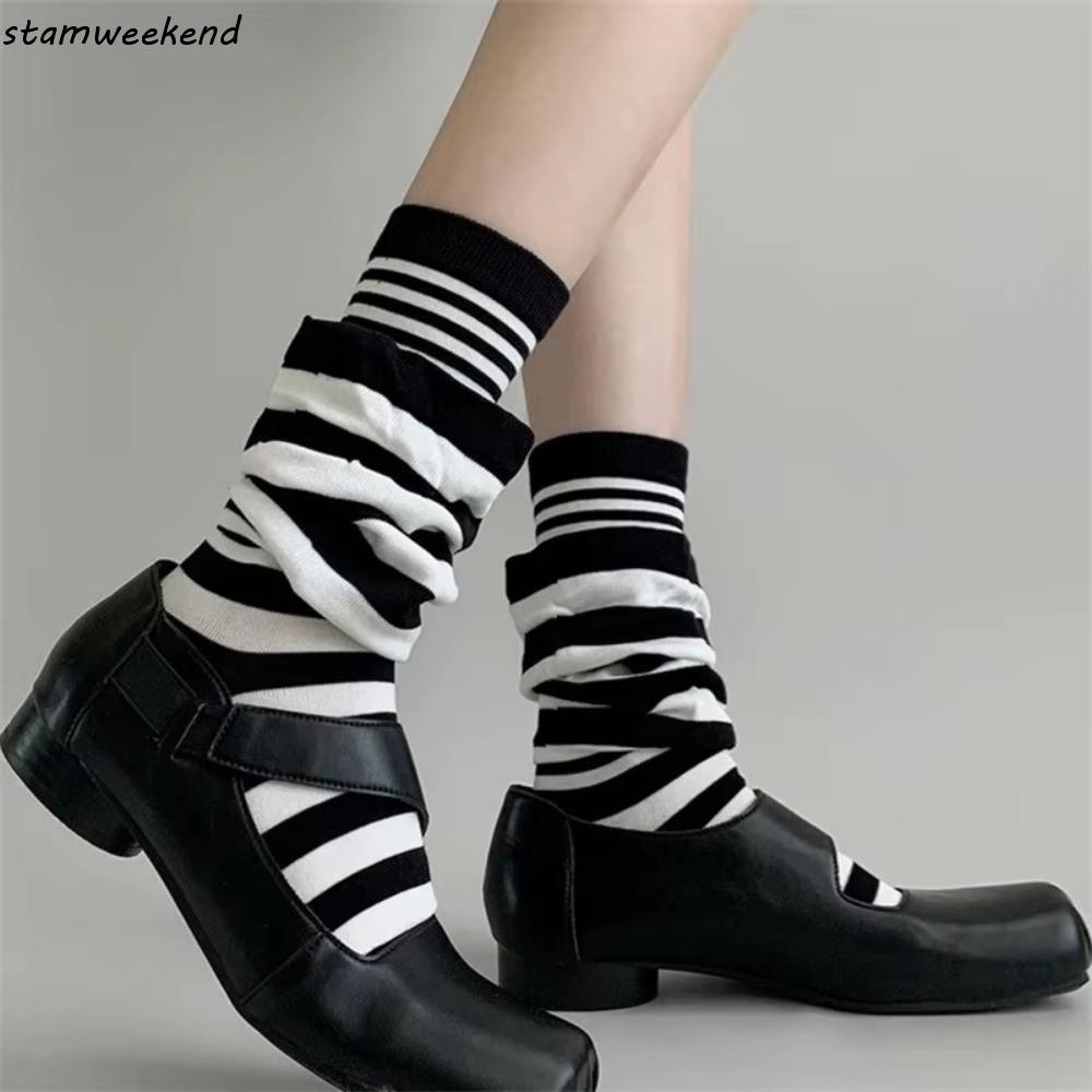 STAMWEEKEND 4 คู่ถุงเท้าลายกอง, Warm Patchwork Ruffle Stripe Stocking, Breathable ปลอมสองชิ้นสบายหลว