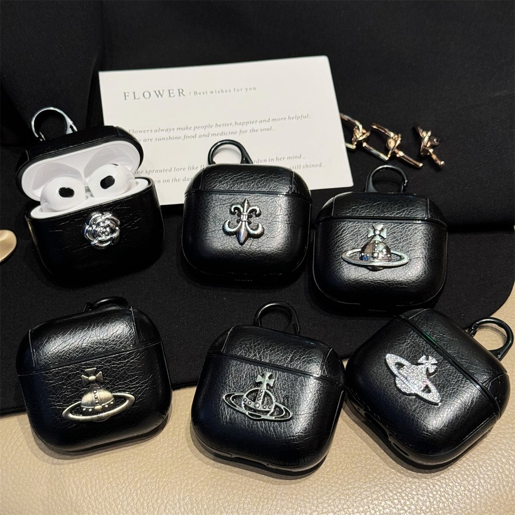 Saturn ฝาครอบหนัง PU สีดําปลอกสําหรับ AirPods 4 ANC Pro3 PRO 2 1/2/3 เคสป้องกัน