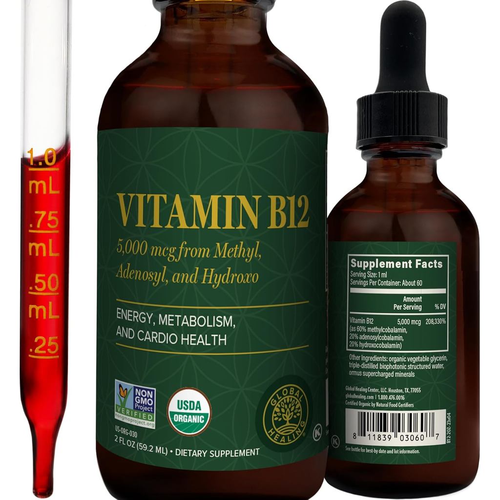 Global Healing - Organic Vitamin B12 5000 MCG Sublingual Liquid - Methylcobalamin, Hydroxo Blend & M