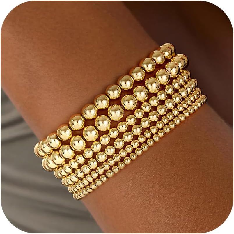 Gold Bracelets for Women, 14K Gold Plated Beaded Bracelets Gold Strand Bead Ball Bracelet Stack Set 