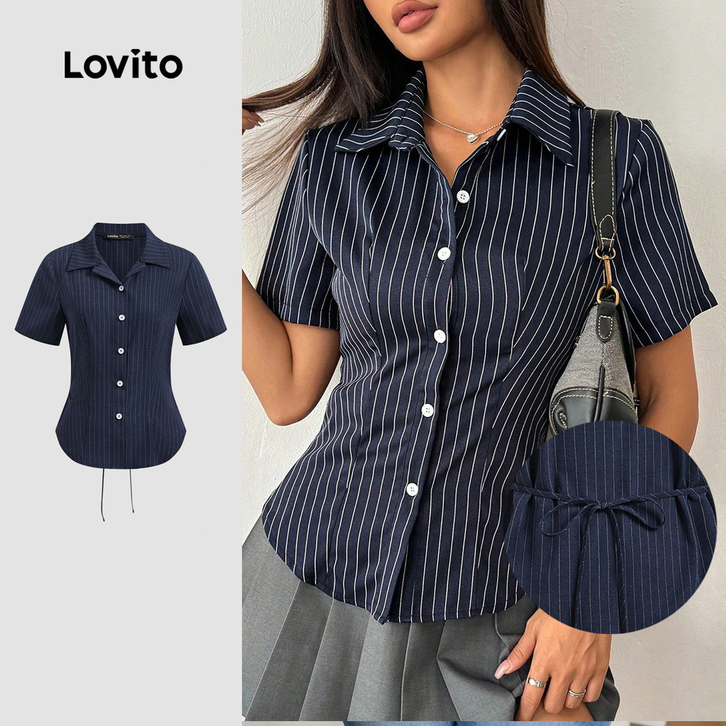 Lovito เสื้อหรูหราลายปุ่มด้านหน้ารอบฤดูร้อน/ฤดูใบไม้ผลิเสื้อสําหรับผู้หญิง LBL23387