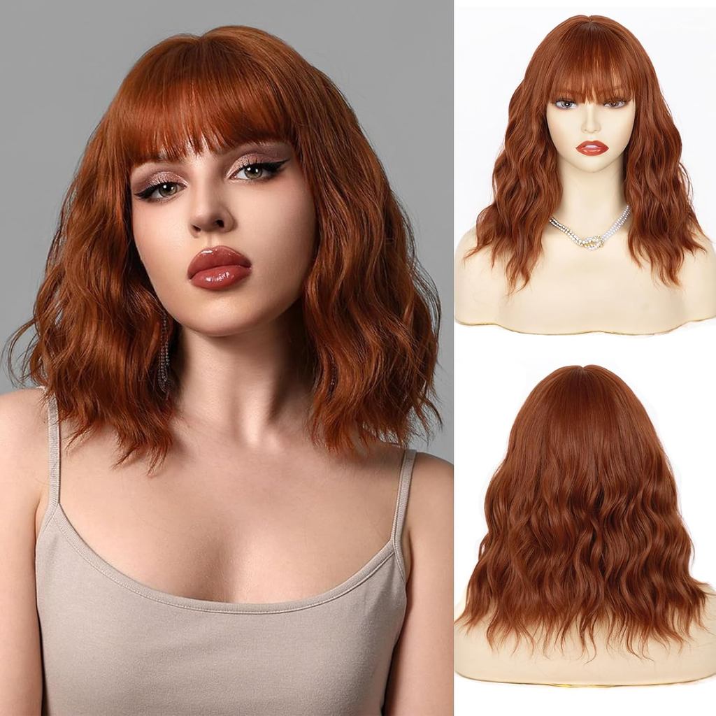 NAYOO วิกผม Auburn Bob กันบังสั้น 14 นิ้ว สีทองแดงส้ม สำหรับการคอสเพลย์และฮาโลวีน