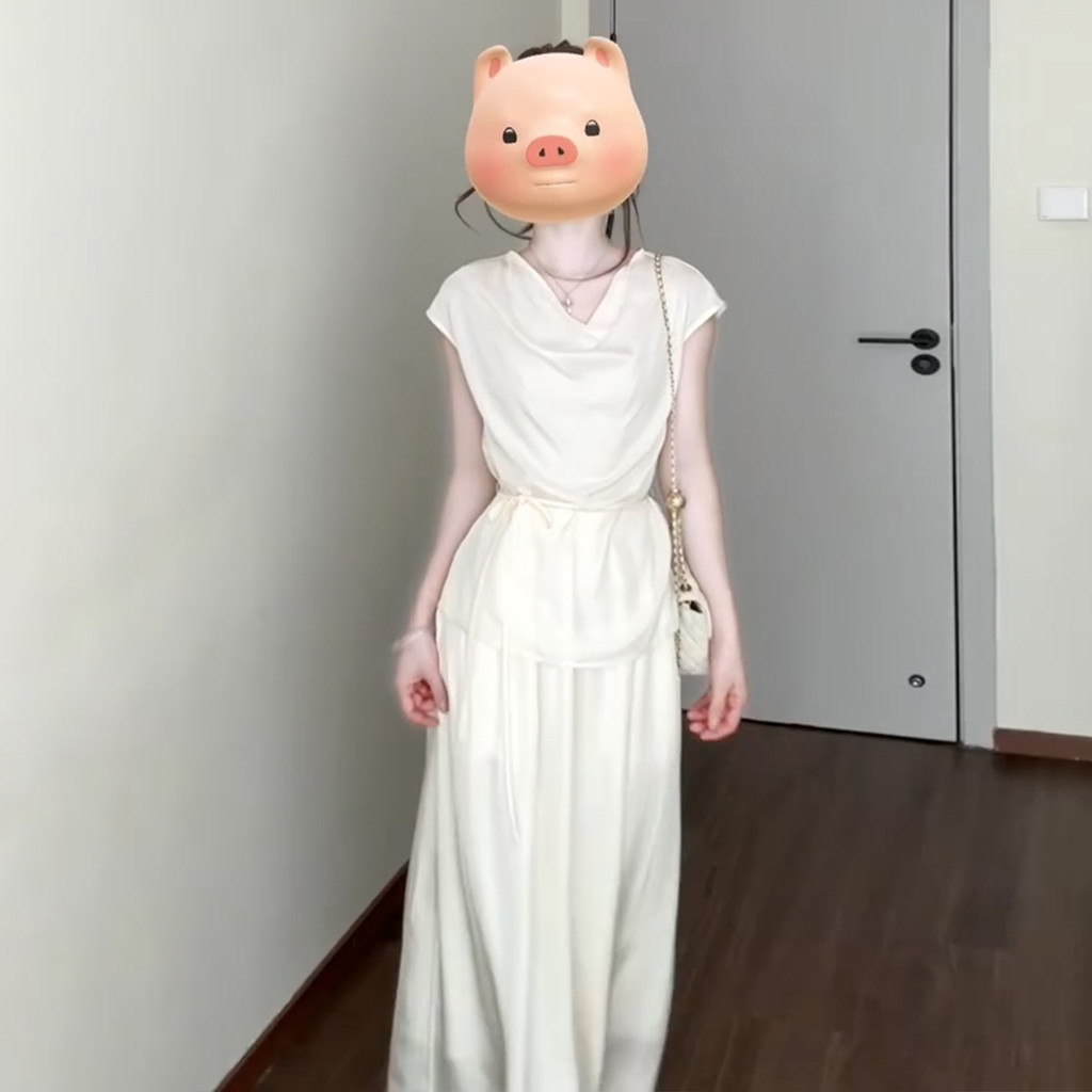 High-End ขี้เกียจชุดฤดูร้อนสไตล์ฝรั่งเศส 2025 Classy กระโปรงยาวชุดสีขาวเด็กสไตล์ใหม่ v คอสไตล์อ่อนโย