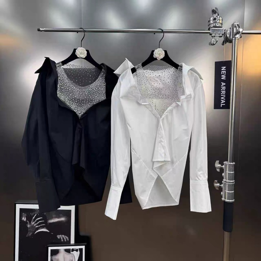 J5PF 2025Early Autumn New Fashionable Elegant Patchwork Mesh Rhinestone Fake Two-Piece Design Shirt