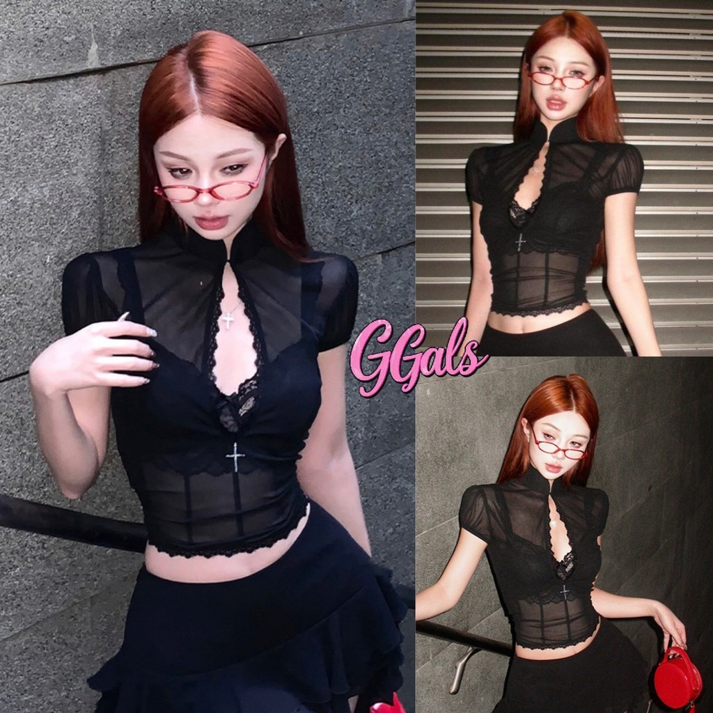 💟GGals💟ผู้หญิง แฟชั่น เสื้อยืด ผ้าซีทรู เซ็กซี่ สีพื้น เข้ารูป เสื้อยืดครอปแขนสั้น ใส่สบาย ผ้านิ่ม