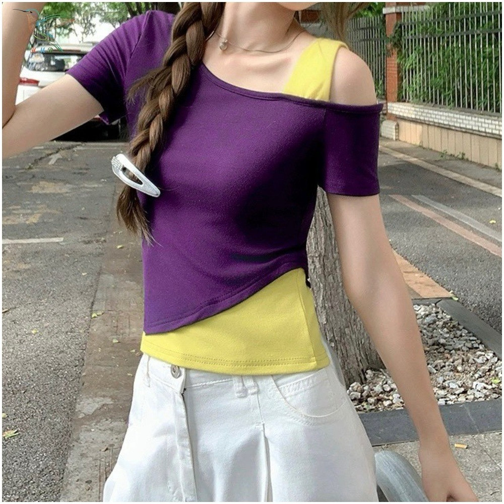 HMB® เสื้อยืดแฟชั่น แขนสั้น เปิดไหล่ แต่งสีทูโทน ผ้าคอตตอนผสม เนื้อผ้านิ่ม ดีไซน์ทรงเข้ารูป ทรงสวยแมทช์ง่าย t323# - รูปที่ 6