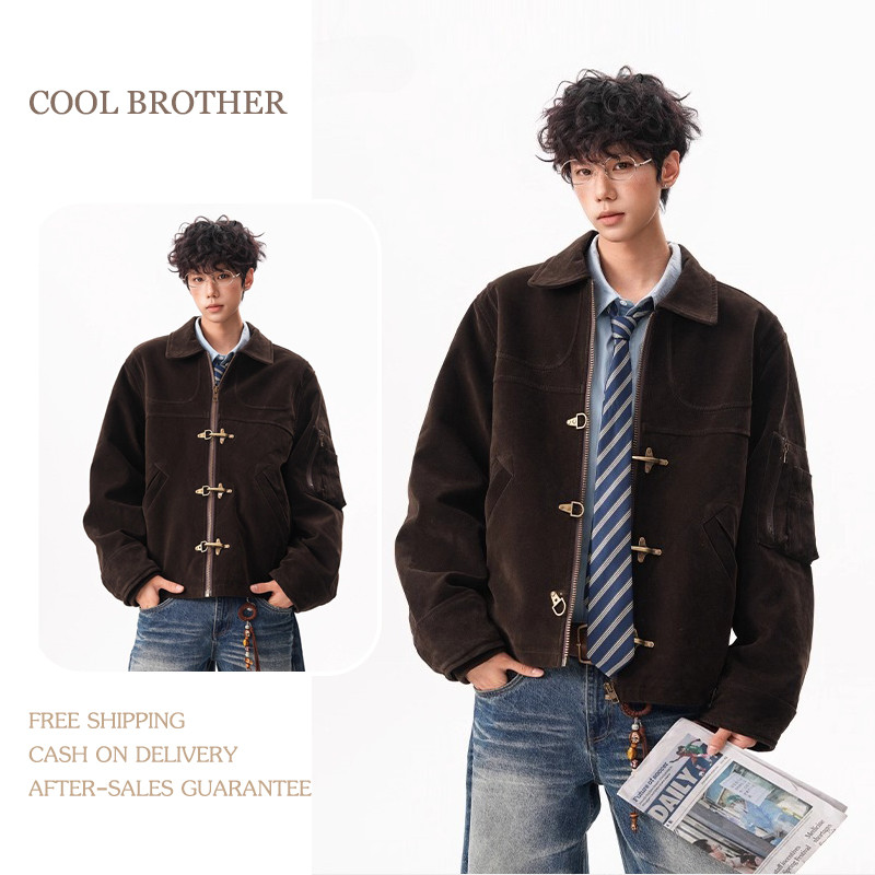 เสื้อแจ็คเก็ตหนังกลับหัวเข็มขัดเครื่องบิน จดหมาย ย้อนยุค สําหรับผู้ชายและผู้หญิงในฤดูใบไม้ร่วงดีไซน์หลวมสไตล์วินเทจเสื้อตัวสั้นอินเท