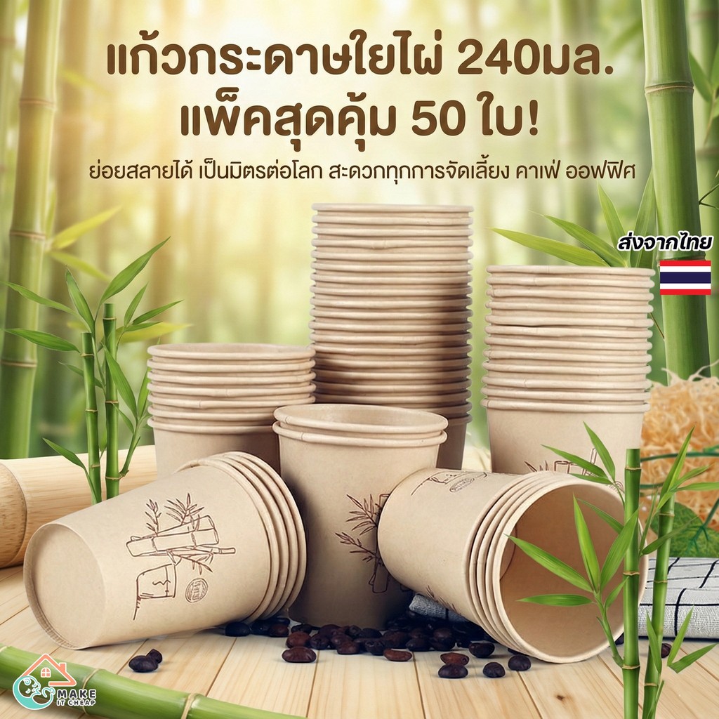 แก้วน้ำกระดาษใยไผ่ ใช้แล้วทิ้ง ขนาด 240ml แพ็ค 50 ชิ้น เหมาะใช้ในออฟฟิศ ร้านอาหาร พร้อมส่ง