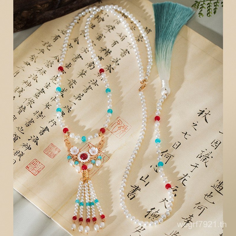 Blue Horse Face กระโปรงอุปกรณ์เสริมพู่ยาวกลับ Cloud Yingluo สร้อยคอ Retro Pearl จี้สไตล์จีนเครื่องปร