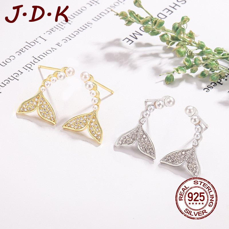 JDK 18K Gold Pearl Stud ต่างหูสําหรับผู้หญิง 925 Silver Zircon