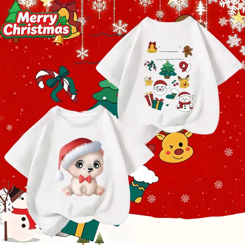 เสื้อยืดแขนสั้นพิมพ์ลายลูกสุนัขคริสต์มาส เสื้อยืดคอกลมเด็ก 100%THAISHOPไซส์ 90-150CM