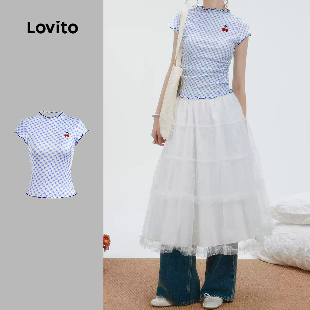 (NEW) Lovito เสื้อยืดสบาย ๆ ปักลาย ซีซั่น สีน้ำเงิน สำหรับผู้หญิง L151AD476