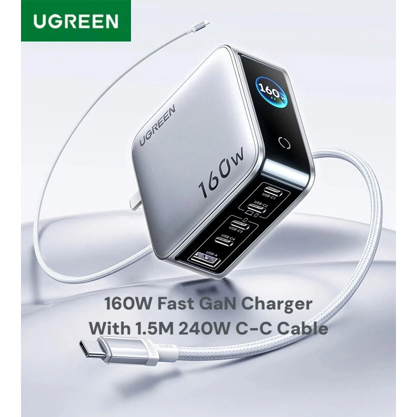 UGREEN 160W GaN Charger หลายพอร์ต 4C1A พร้อมจอแสดงผล Monitor Fast Charger สําหรับแล็ปท็อปแท็บเล็ต Iphone โทรศัพท์ Android