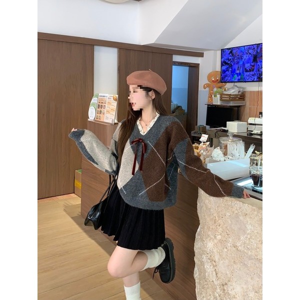 christmas sweater mardi sweater เสื้อถักลายสี่เหลี่ยมขนมเปียกปูนสำหรับผู้หญิง อบอุ่นในฤดูหนาว