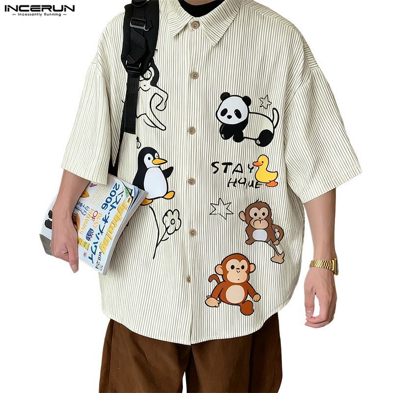 INCERUN เสื้อผู้ชาย สไตล์เกาหลีญี่ปุ่น พรินต์การ์ตูน แขน Raglan ฟิตสบาย