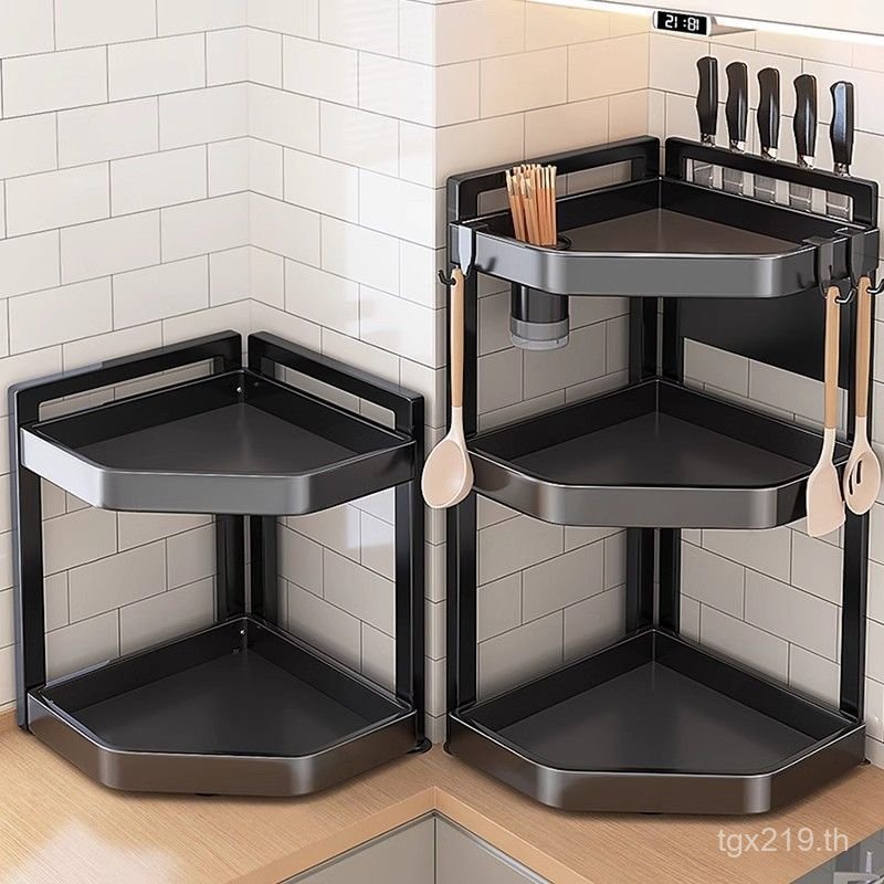 เสบียง ชั้นวางชั้นวางจัดเก็บมัลติฟังก์ชั่ปรุงรสกลับผนังสามเหลี่ยมเคาน์เตอร์ครัวหลายชั้นไม้แขวนเสื้อม
