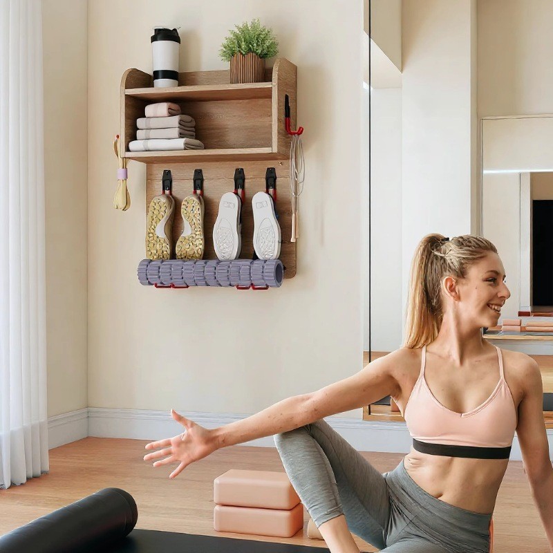 Cross-Border Gym อุปกรณ์ฟิตเนส Organizer มัลติฟังก์ชั่นชั้นวางของไม้ติดผนัง J2XT