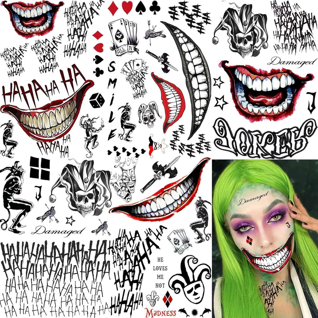 ชุดสติกเกอร์ Temporary Tattoo 3D สำหรับ Halloween - Joker & Clown Look แพ็ก 5 แผ่น